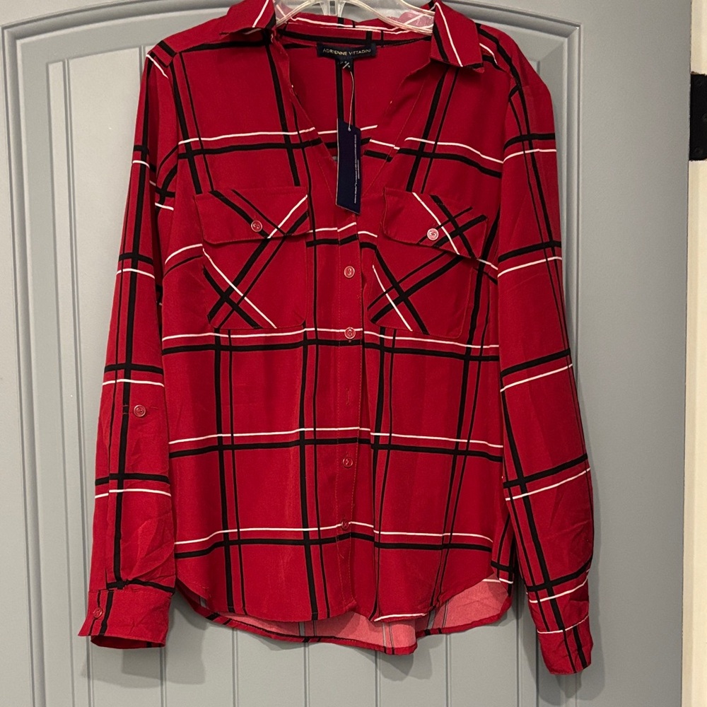 NWT Adrienne Vittadini Red Plaid blouse
